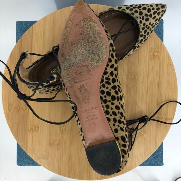 AQUAZZURA Christy Leopard-print Calf Hair Point-toe ankle wrap Flats 37.5 - Picture 13 of 16